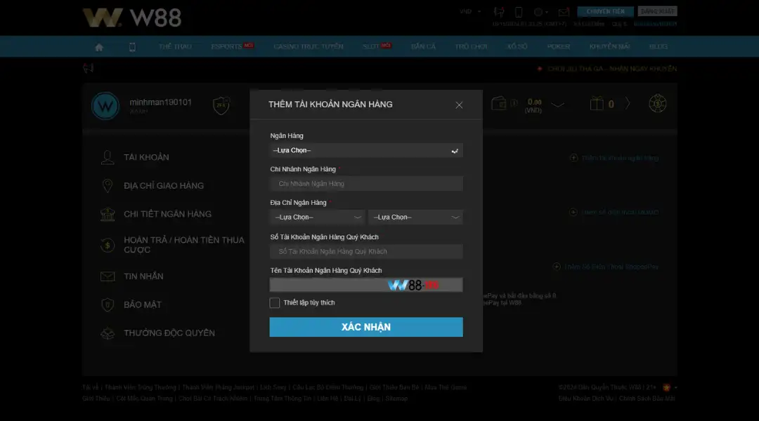 Cập nhật thông tin ngân hàng W88