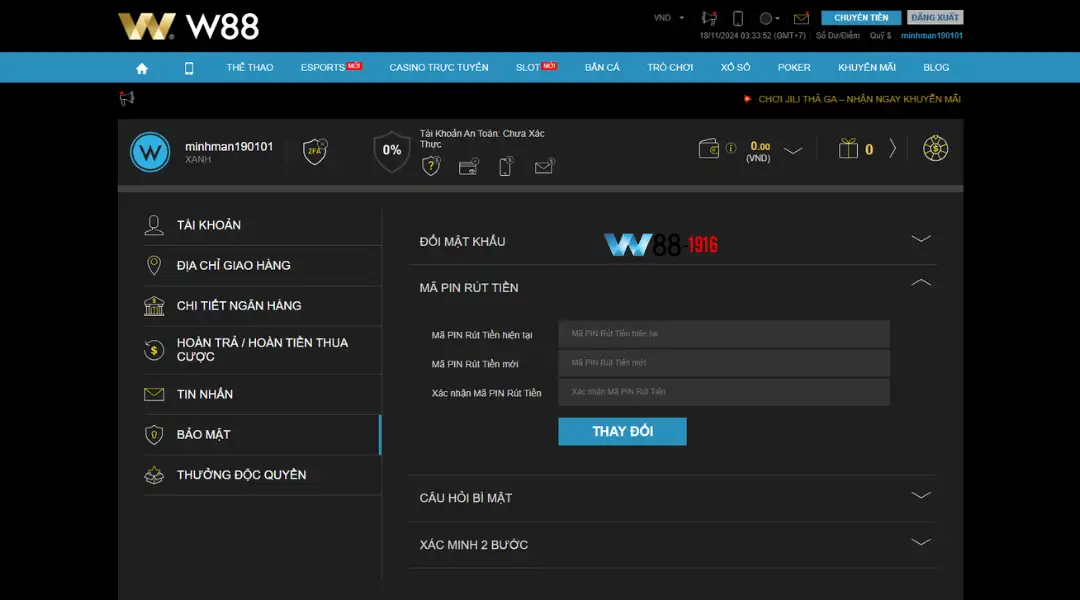 Xác minh và cài đặt mật khẩu rút tiền W88