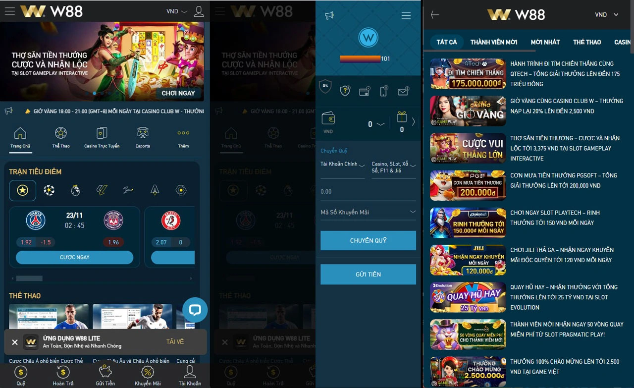 giao diện w88 mobile app